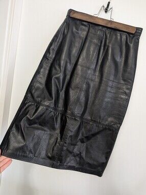 Vintage Marquis Skirt 90s Black Shiny Genuine Leather High Waist Classic Pencil